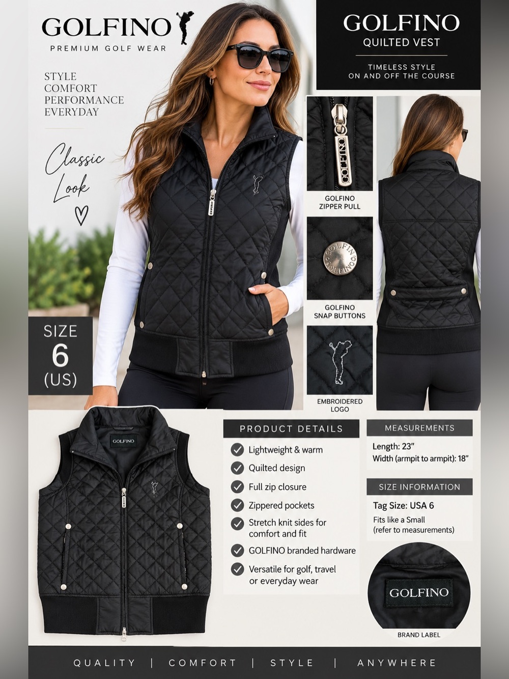 GOLFINO Women’s Size 6 Black Quilted Golf Vest Full Zip Zippered Pockets